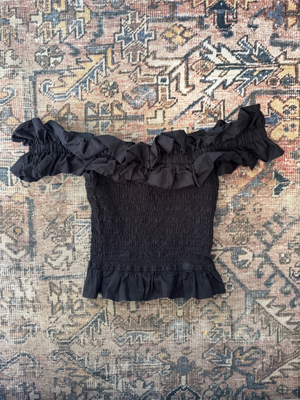 GANNI Black Off-Shoulder Ruffle Smocked Top 36